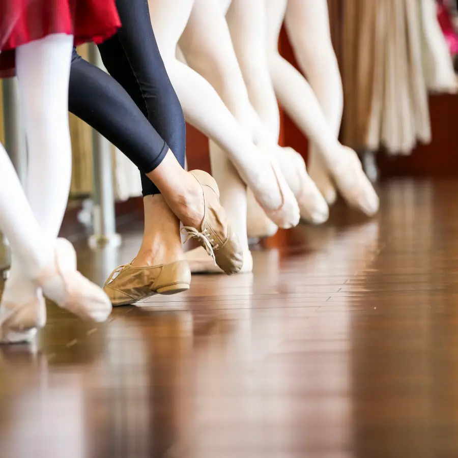 Close-up of ballet foot positions and turnout technique